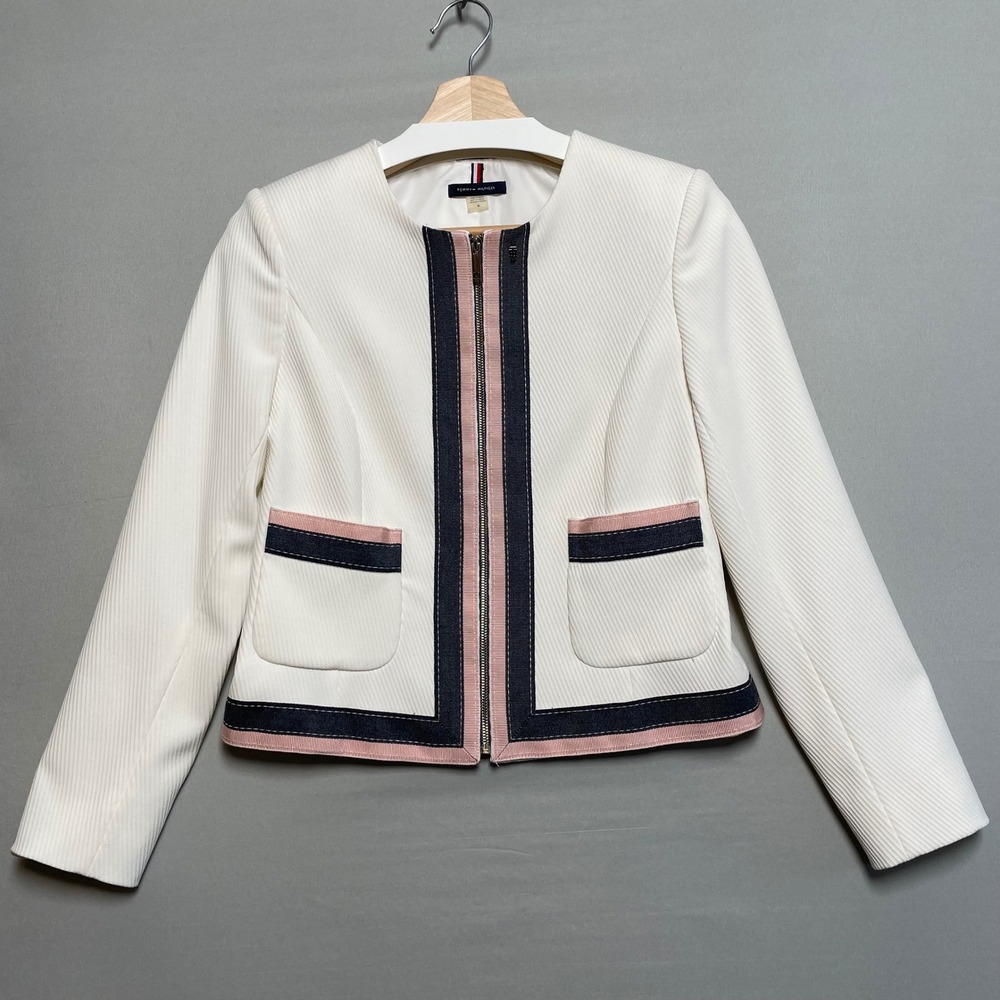 Tommy Hilfiger Womens Cream Ribbed Zip Front Cropped Blazer Jacket Size 0‎ XS